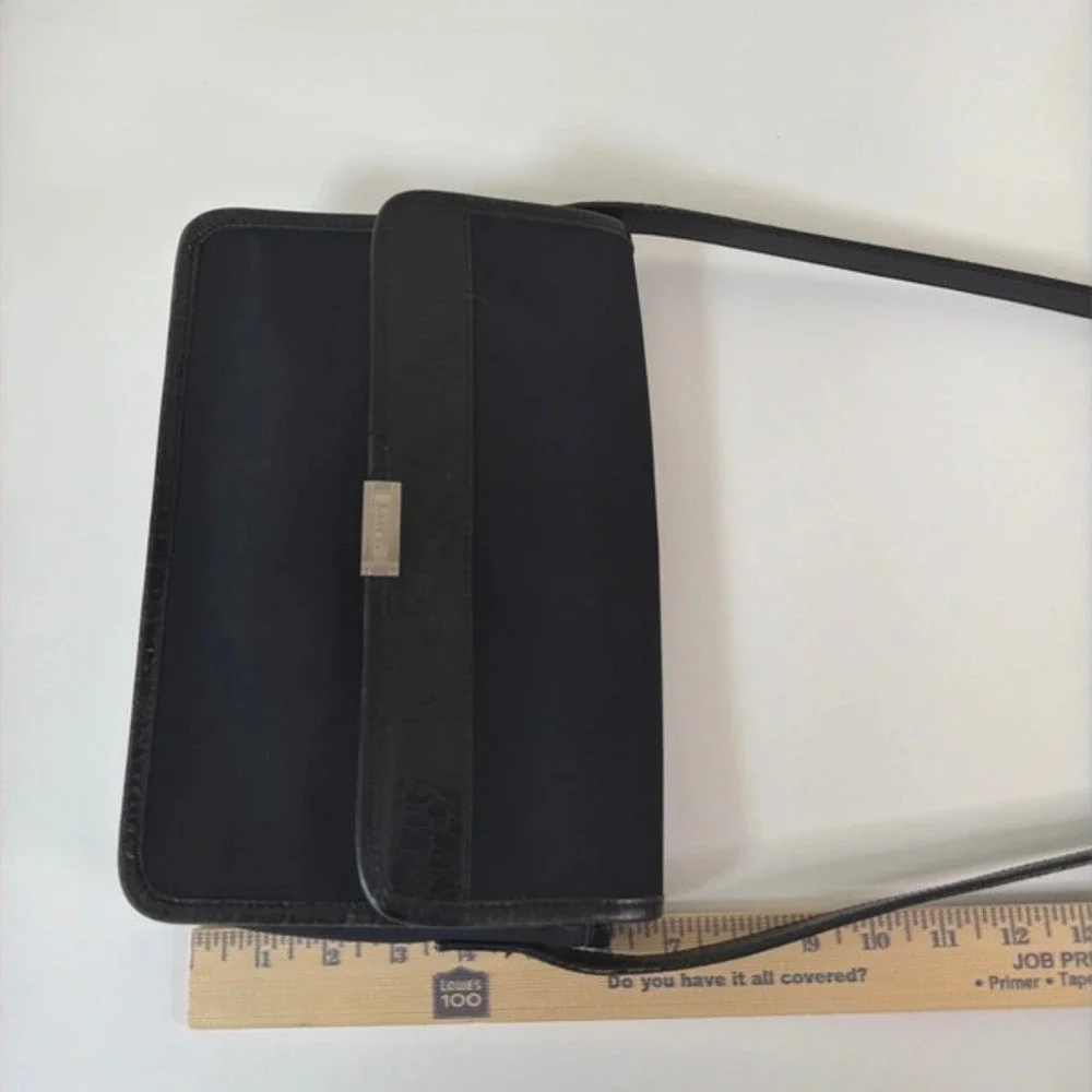 Lauren Ralph Lauren Black Nylon Croc Trim Crossbody Flap Bag Silver Logo Plaque